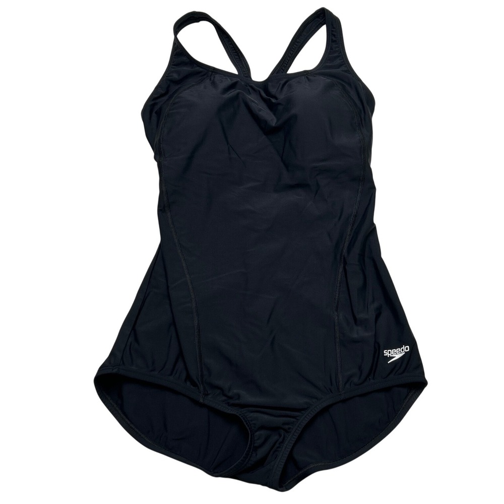 Speedo Women PowerFLEX Racerback One Piece Swimsuit Size 12 Black Classic Sporty